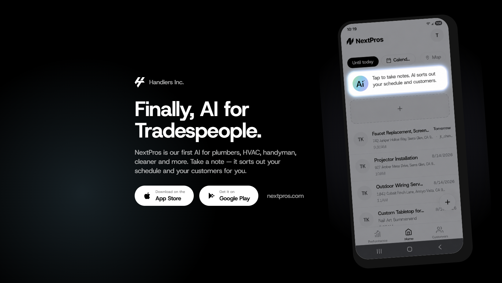 NextPros: Finally, AI for Tradespeople — app showing a schedule built from a note